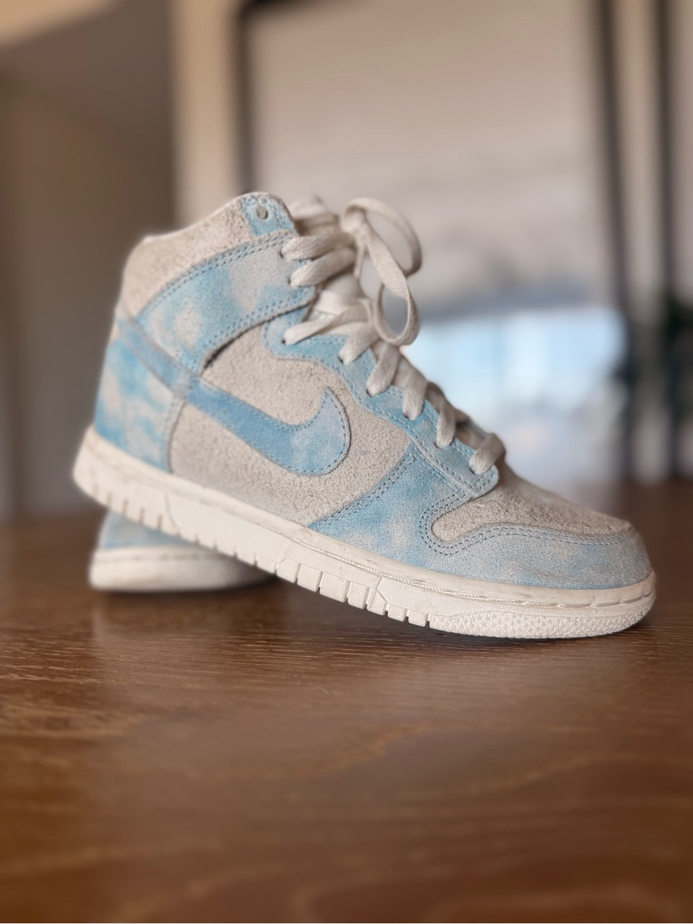 Nike Kids High-Top Sneakers in Light Blue and Cream Suede